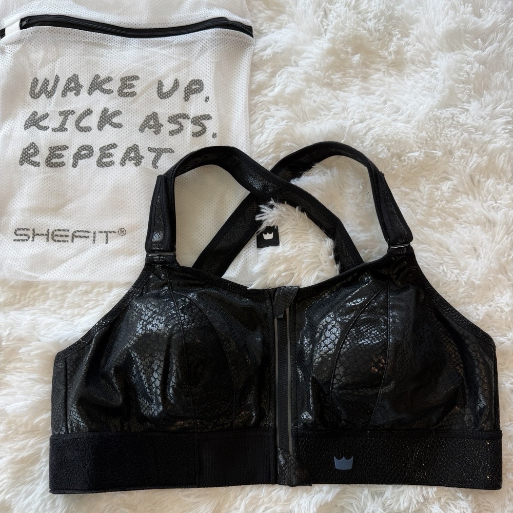 SHEFIT Ultimate Sports Bra Sz LUXE NWOT Black Snakeskin High Impact Wash Bag